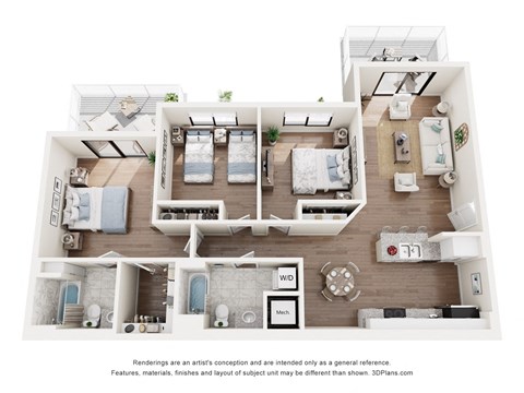 Floor plan for 3 beds, 2 baths, 1291 sqft